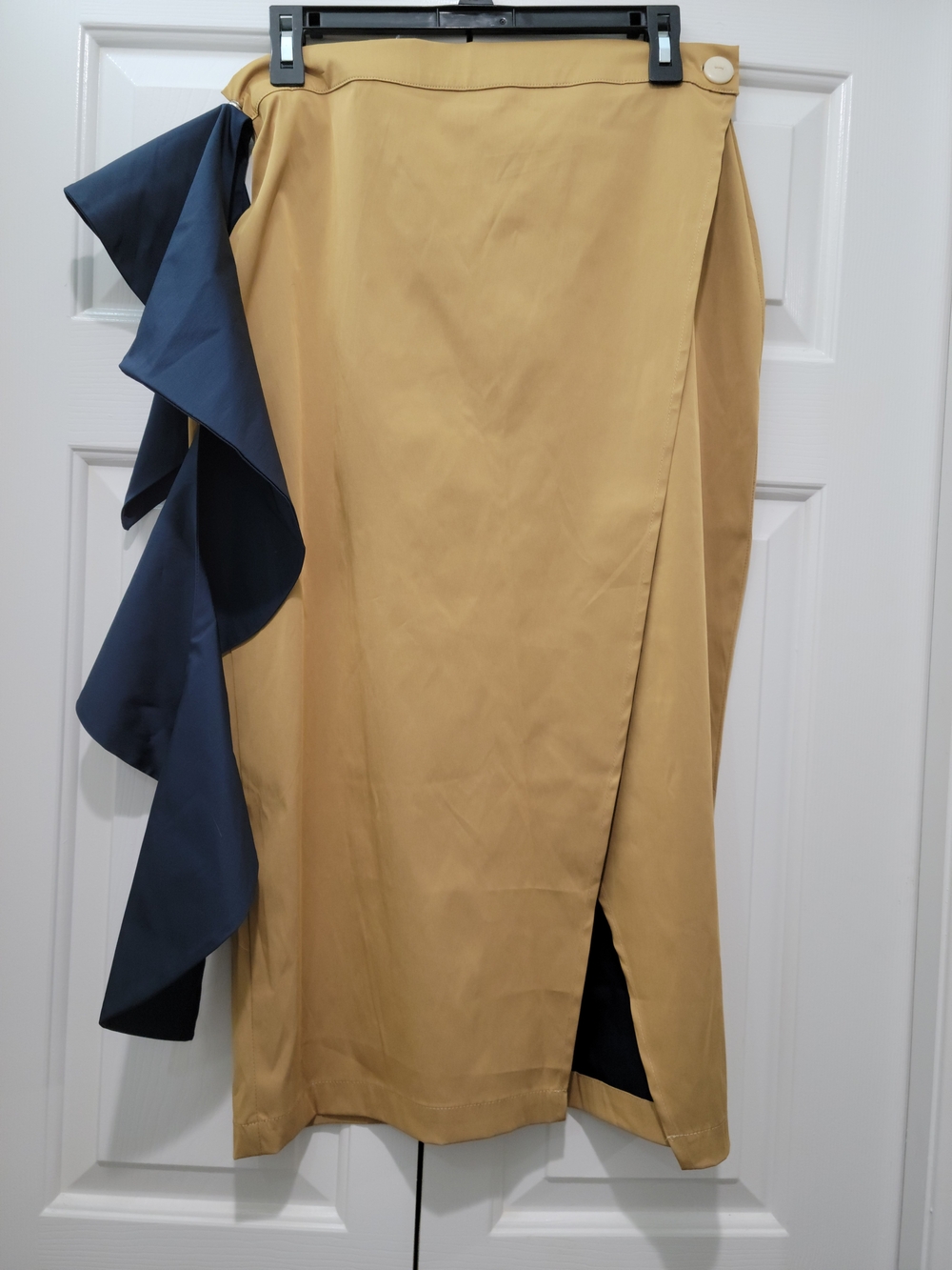 Mustard Midi Wrap Skirt with Detachable Navy Ruffle Scarf